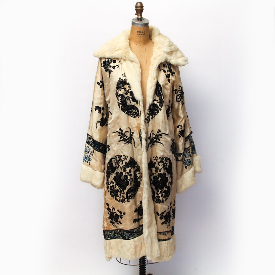 Vintage Art Deco Hand-Embroidered Silk Coat with Fur Trim