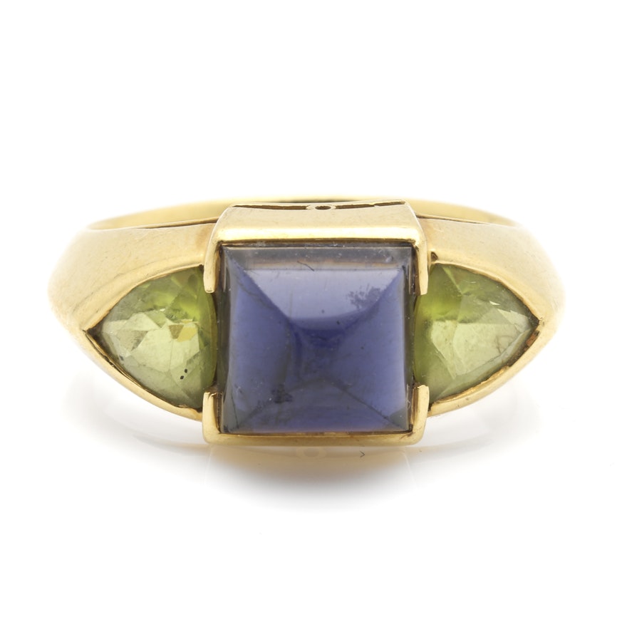 Larry Seegers 18K Yellow Gold Iolite and Peridot Ring