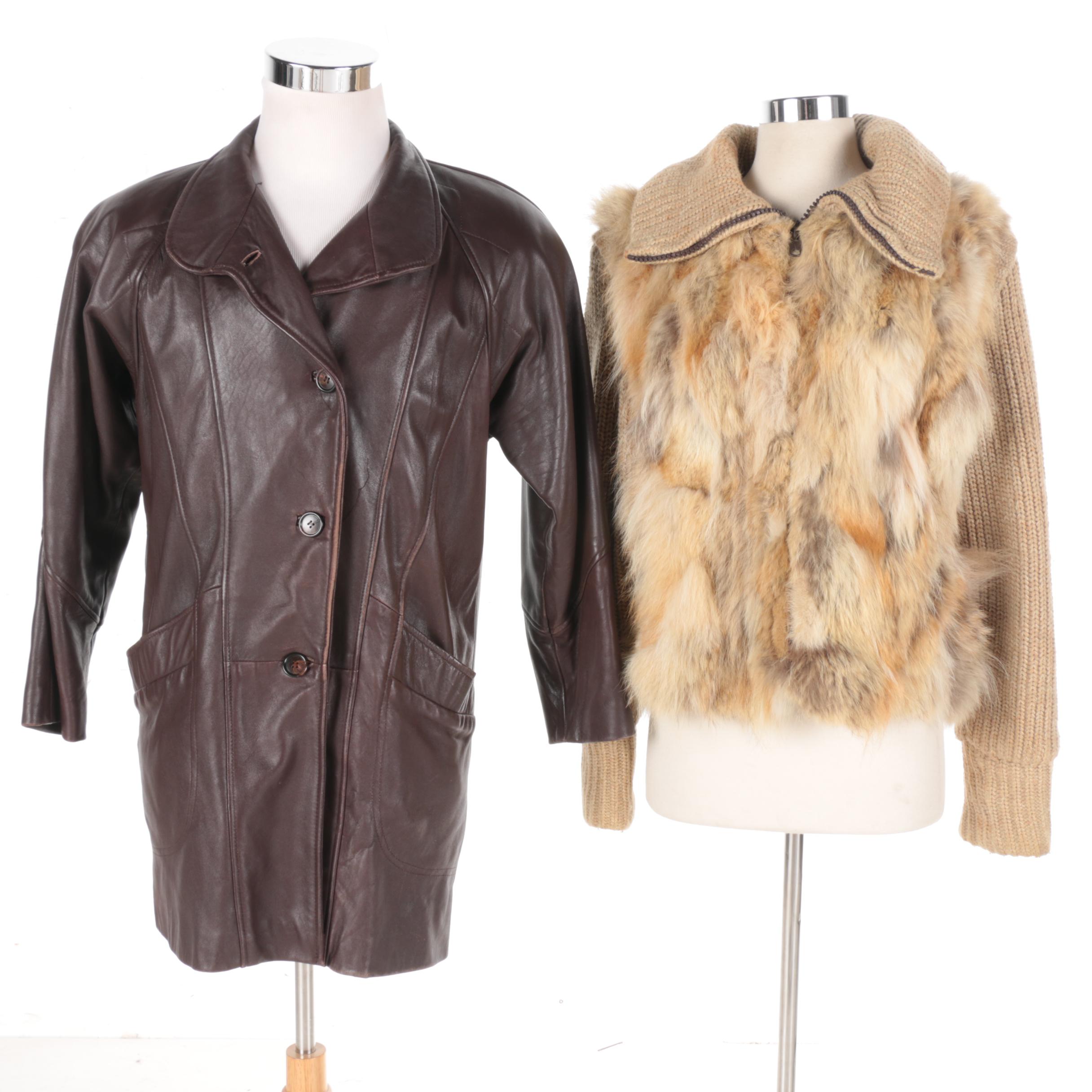 Coyote Fur Knit Jacket/Vest and Brown Leather Jacket