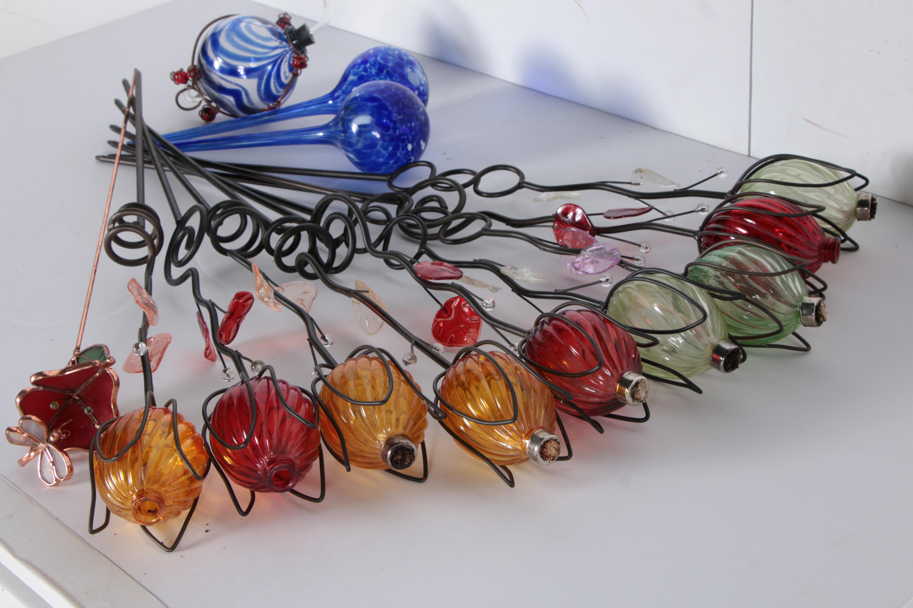 Assorted Blown Glass Lawn Ornaments and Water Dispensers