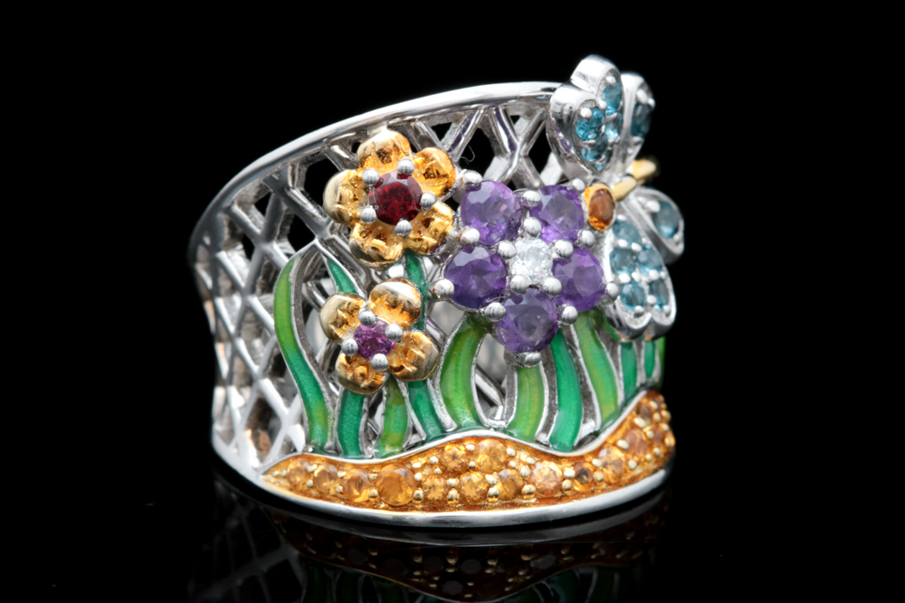 Sterling Silver and Multi Gemstone Floral Cocktail Ring