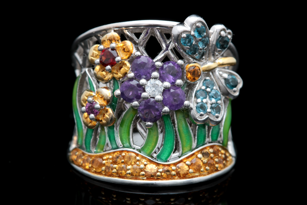 Sterling Silver and Multi Gemstone Floral Cocktail Ring