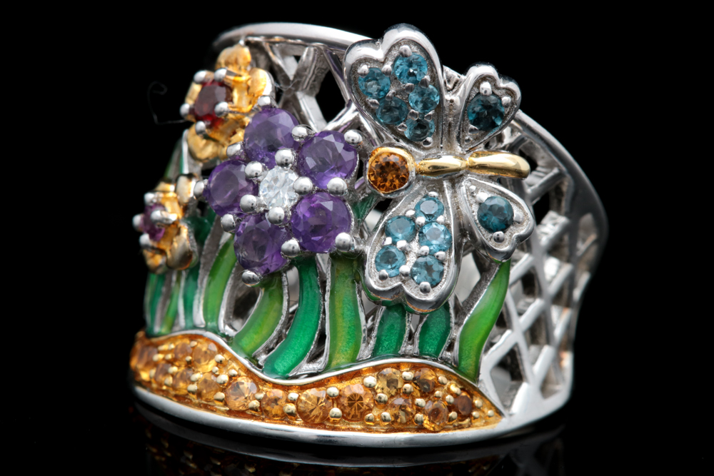 Sterling Silver and Multi Gemstone Floral Cocktail Ring