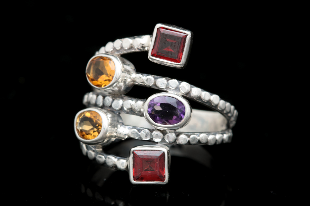 Sterling Silver, Citrine, Garnet and Amethyst Ring
