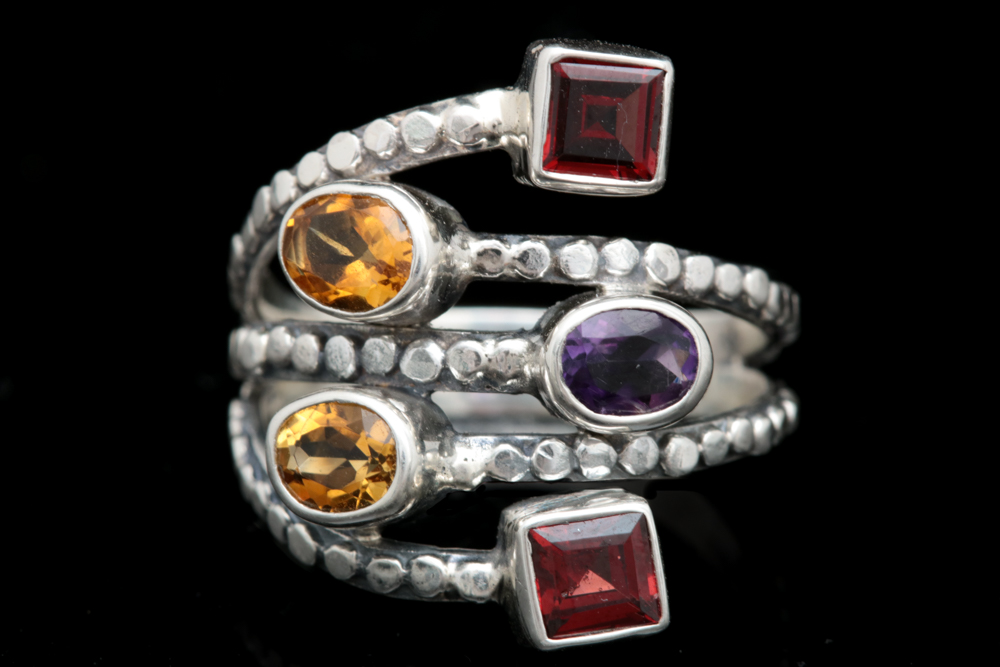 Sterling Silver, Citrine, Garnet and Amethyst Ring