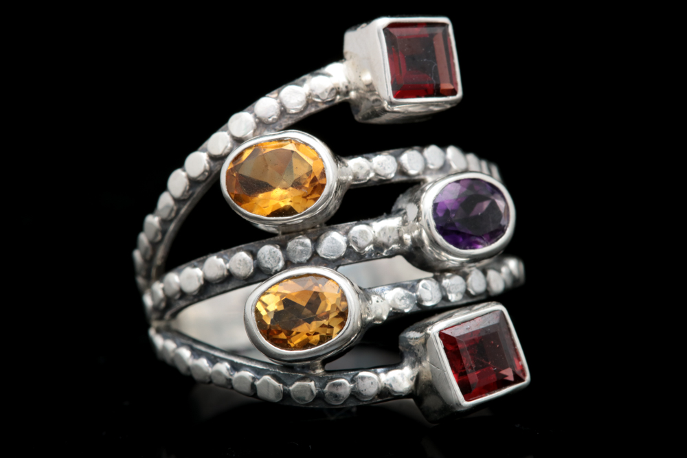 Sterling Silver, Citrine, Garnet and Amethyst Ring