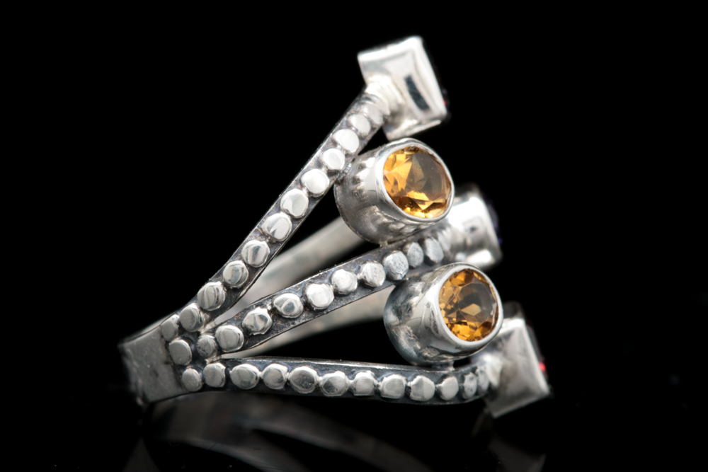Sterling Silver, Citrine, Garnet and Amethyst Ring