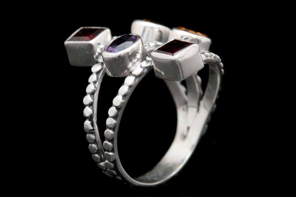 Sterling Silver, Citrine, Garnet and Amethyst Ring