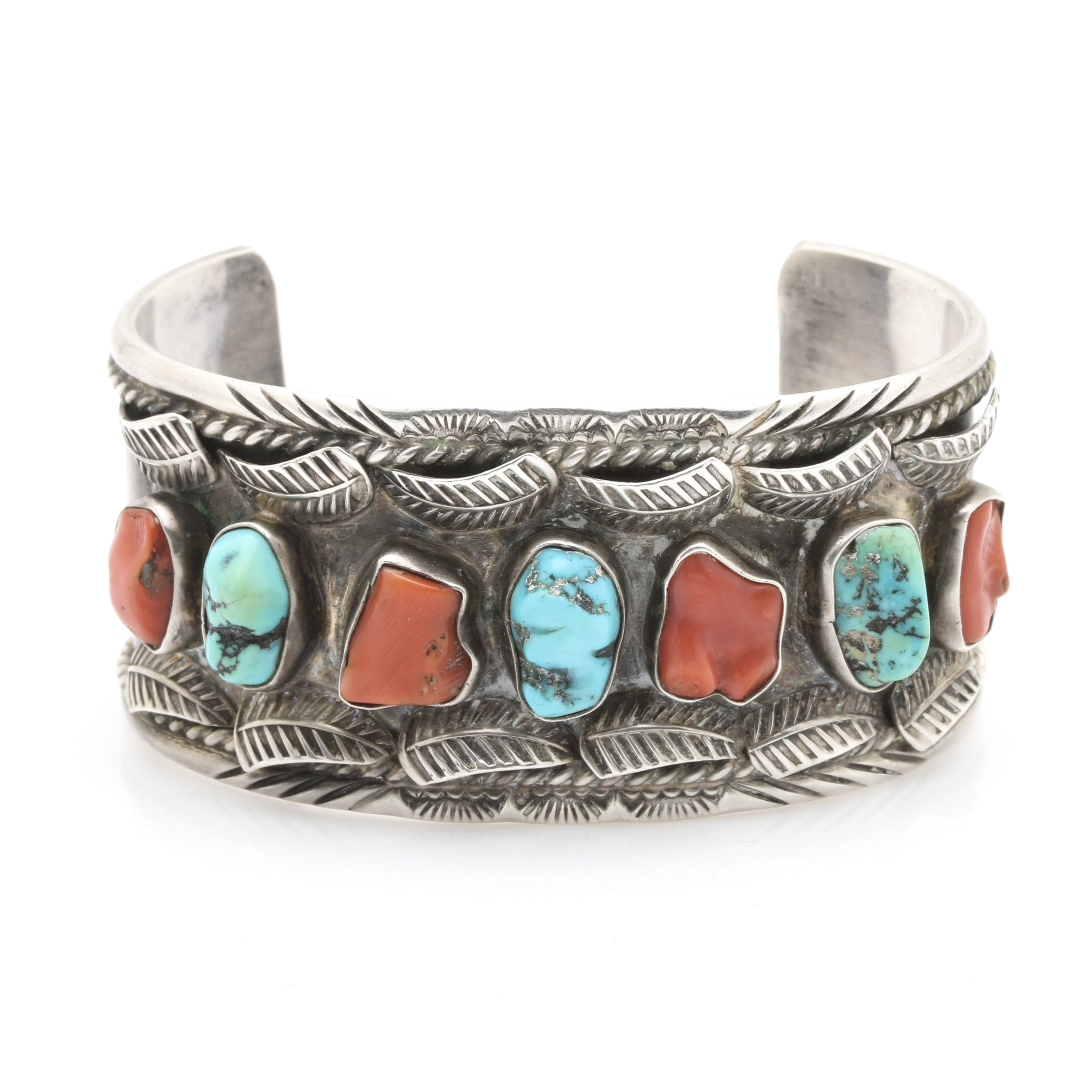Jerry Roan Navajo Diné Sterling Silver Appliqué Coral and Turquoise Cuff