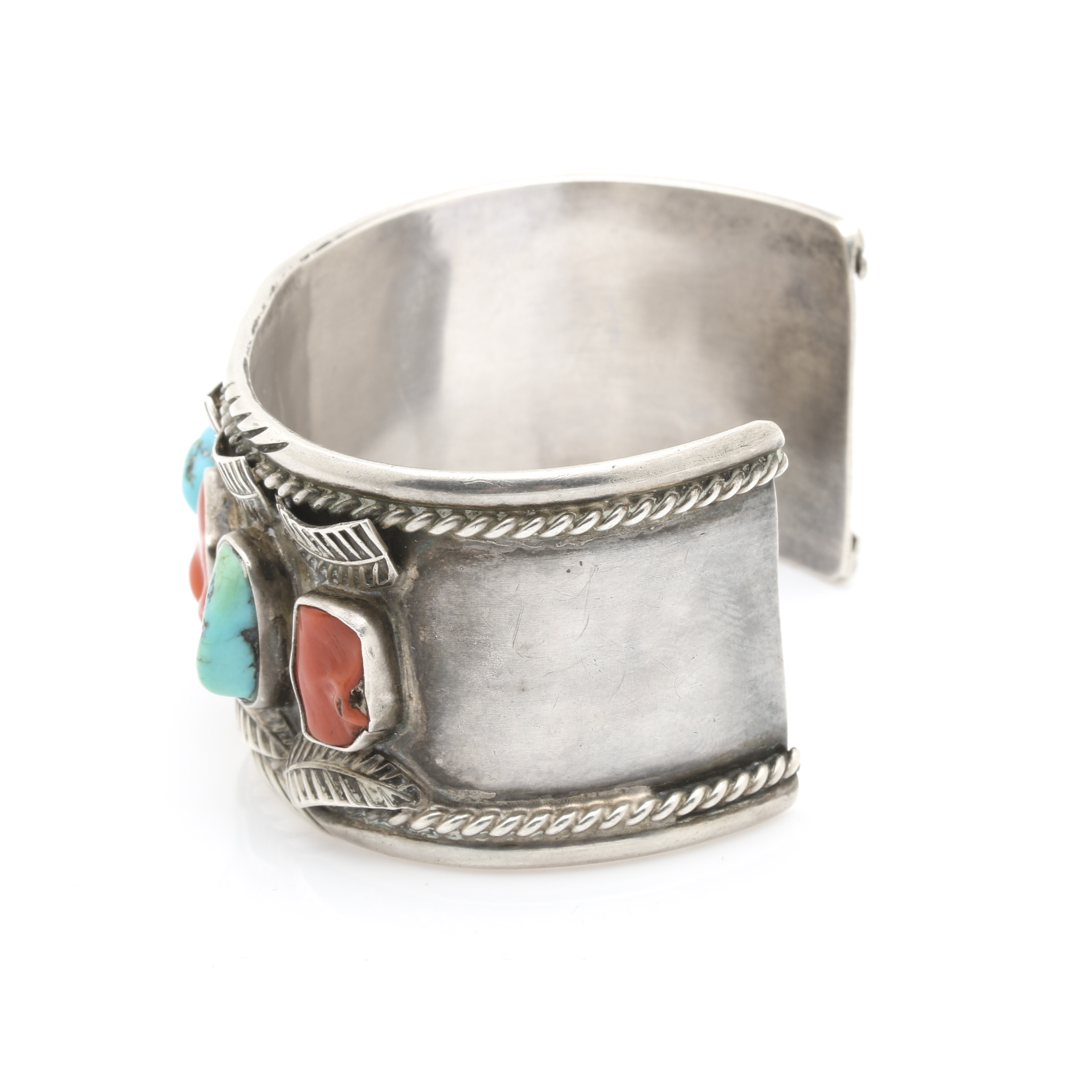 Jerry Roan Navajo Diné Sterling Silver Appliqué Coral and Turquoise Cuff