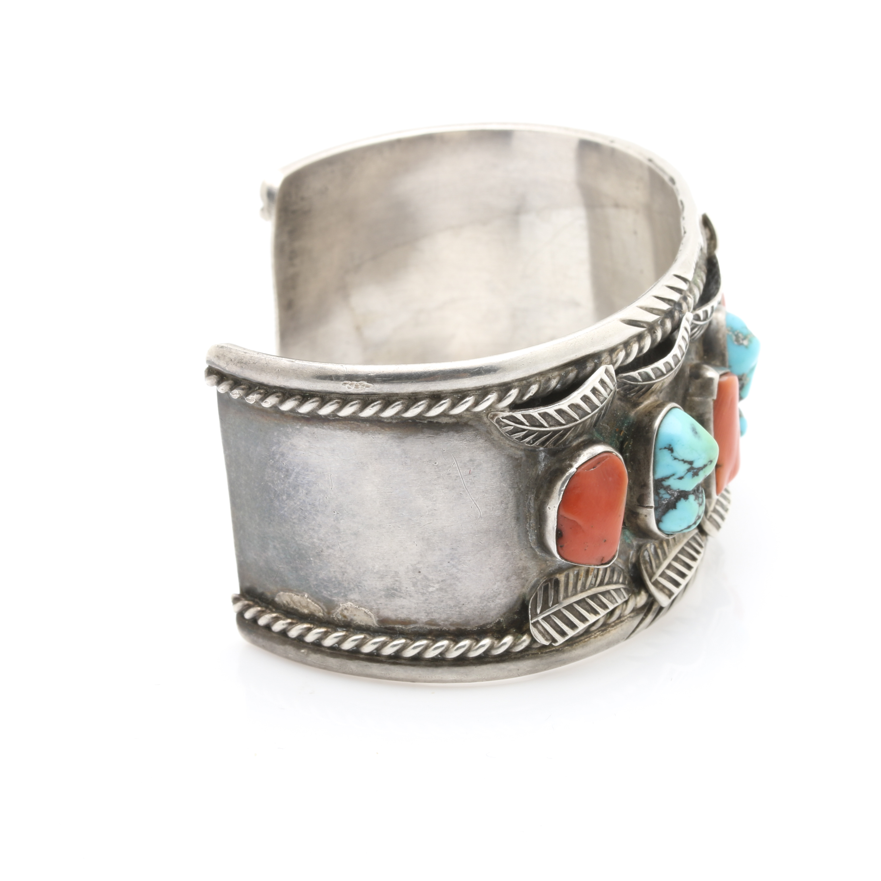 Jerry Roan Navajo Diné Sterling Silver Appliqué Coral and Turquoise Cuff