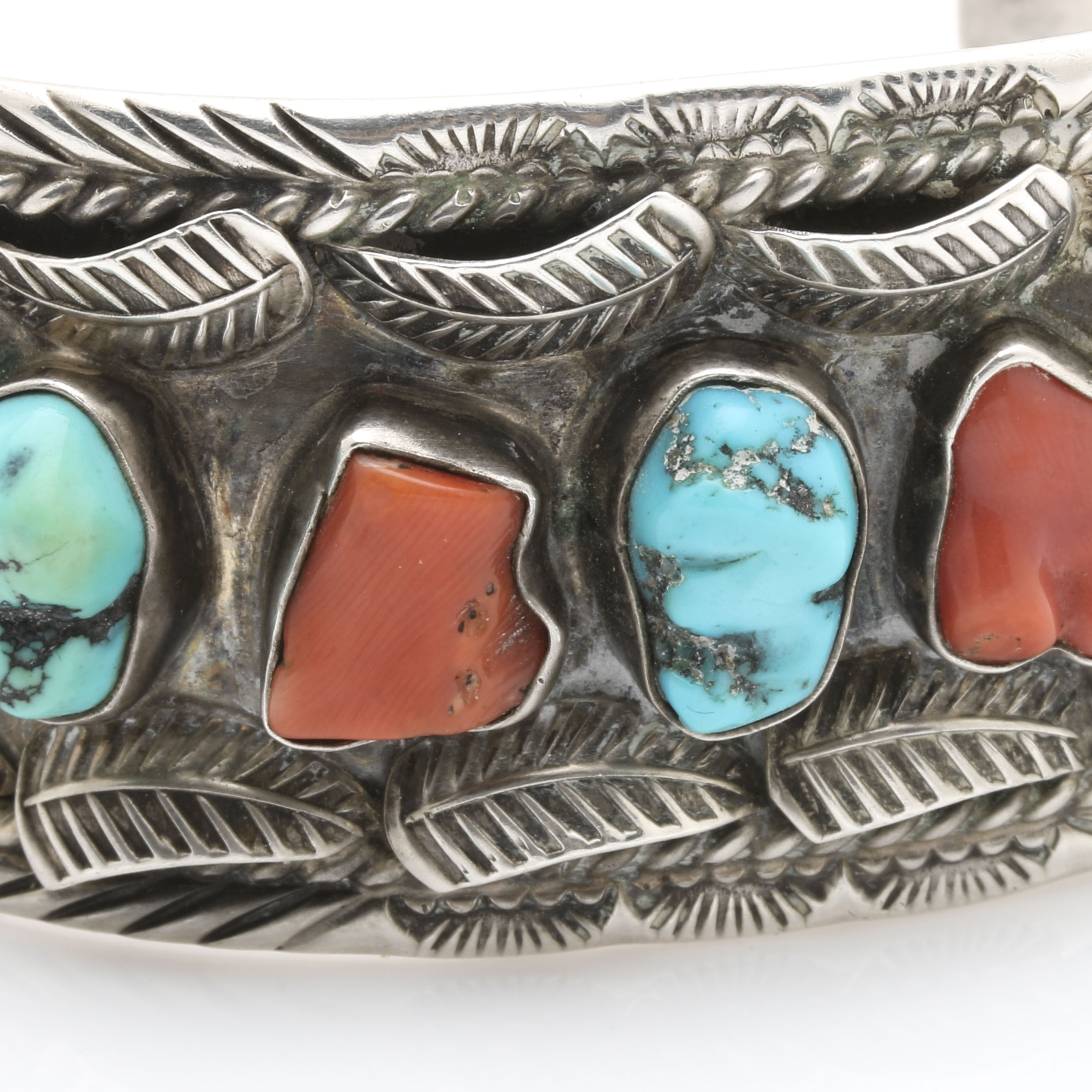 Jerry Roan Navajo Diné Sterling Silver Appliqué Coral and Turquoise Cuff