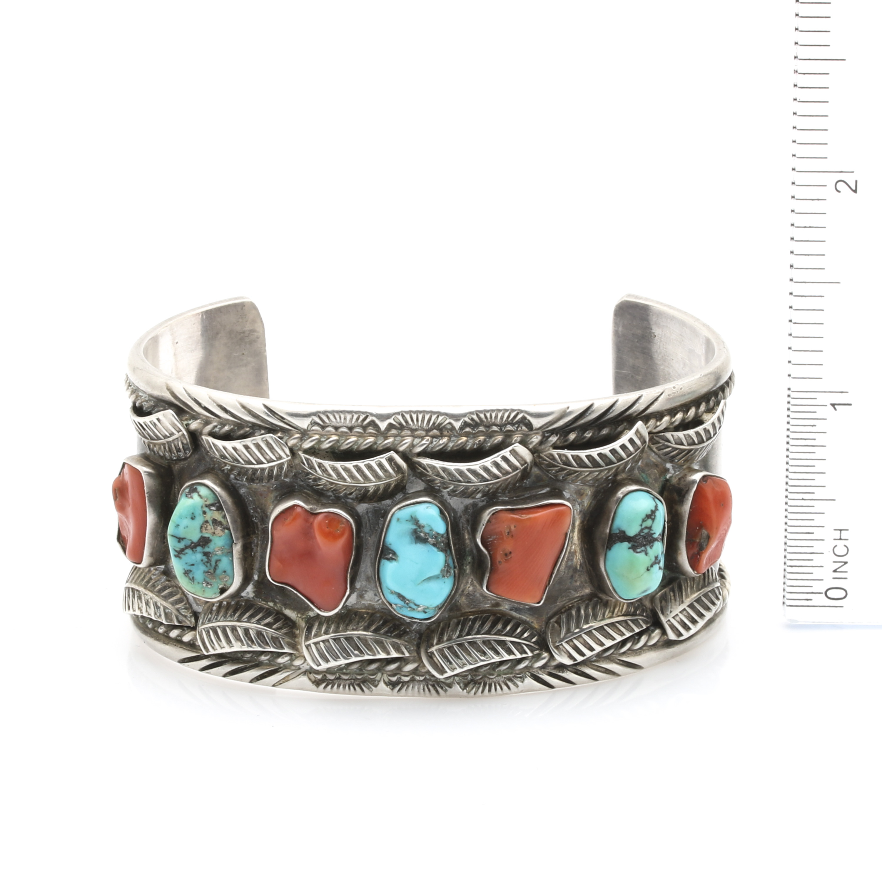 Jerry Roan Navajo Diné Sterling Silver Appliqué Coral and Turquoise Cuff