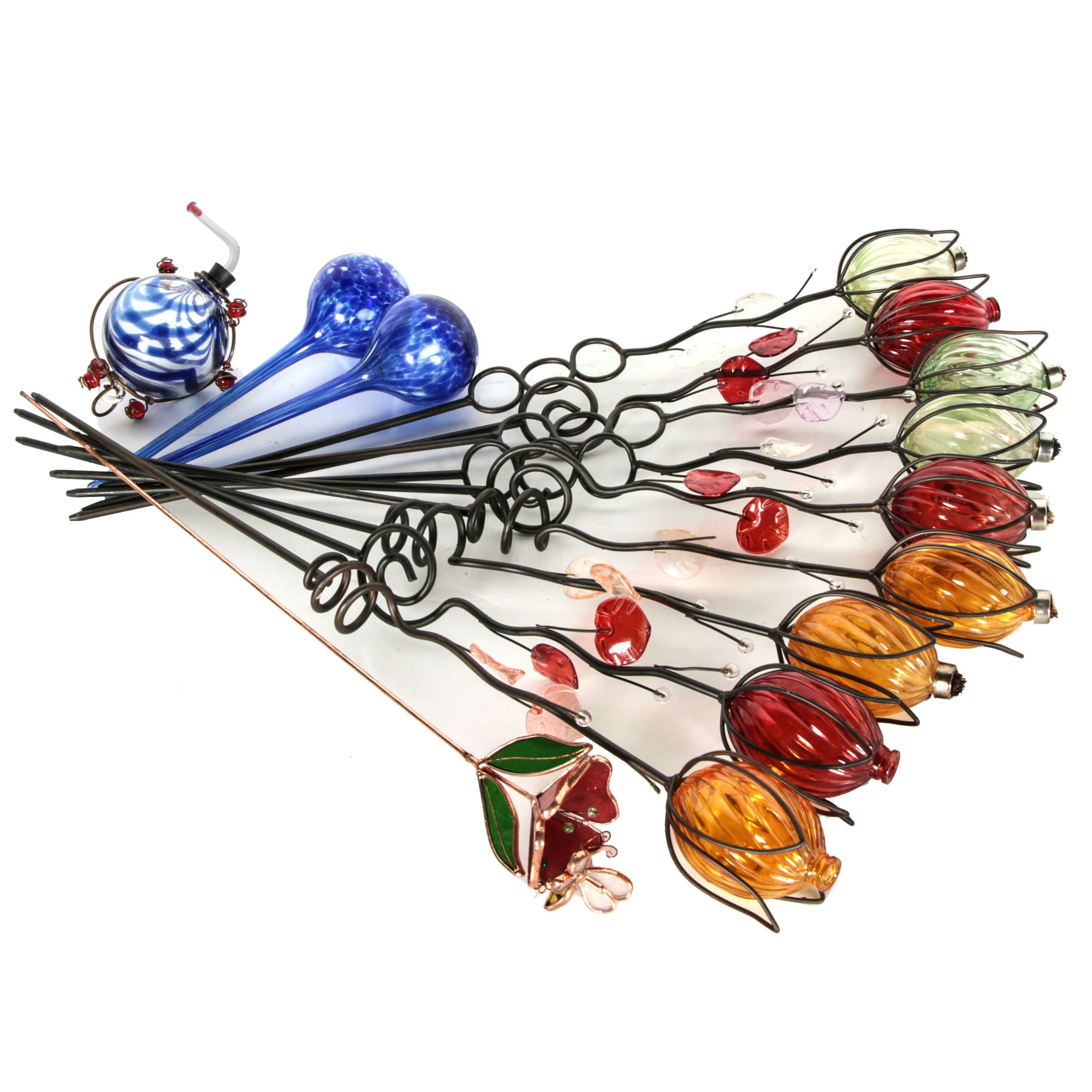 Assorted Blown Glass Lawn Ornaments and Water Dispensers