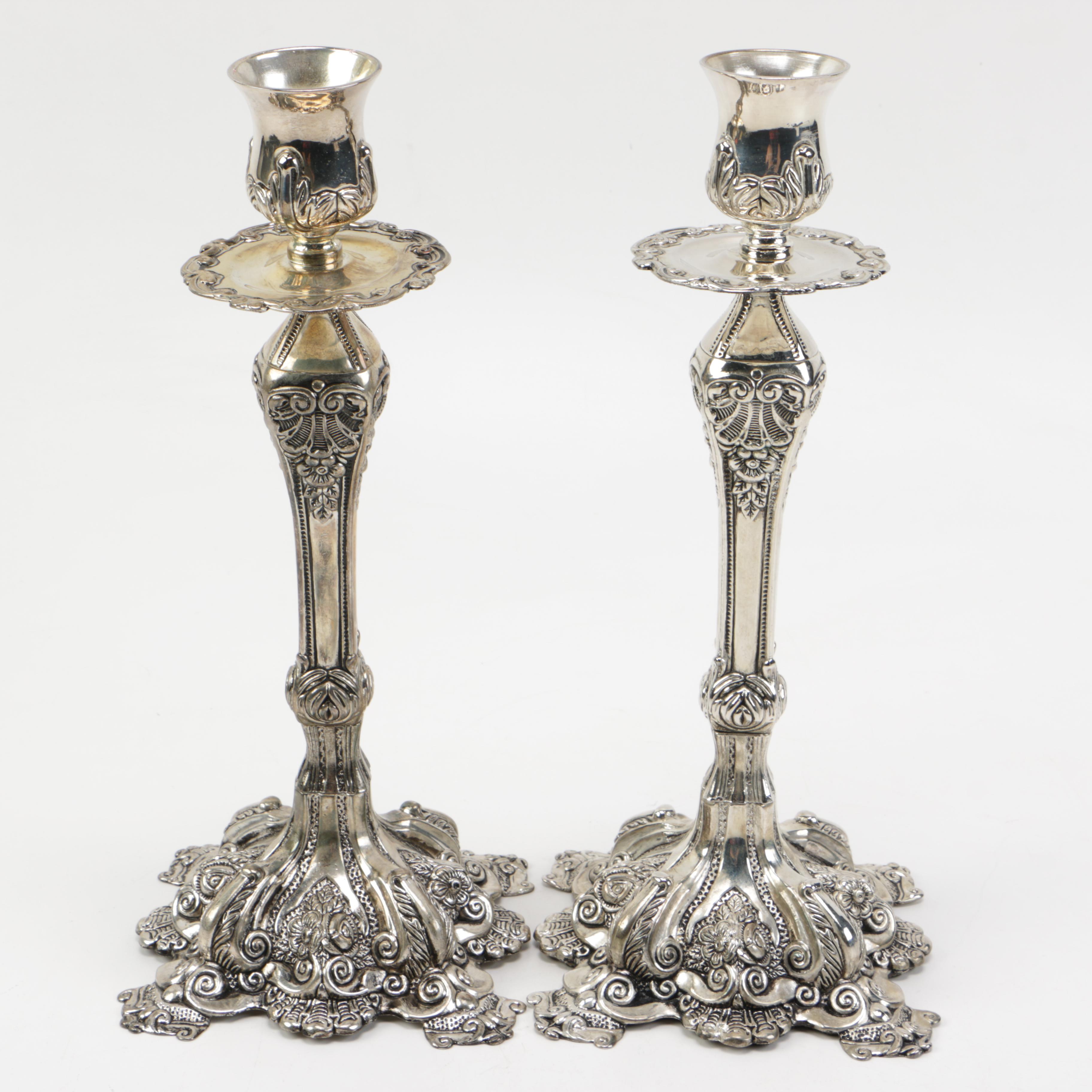 Studio Silversmiths Ornate Rococo Style Silver Plate Candlesticks
