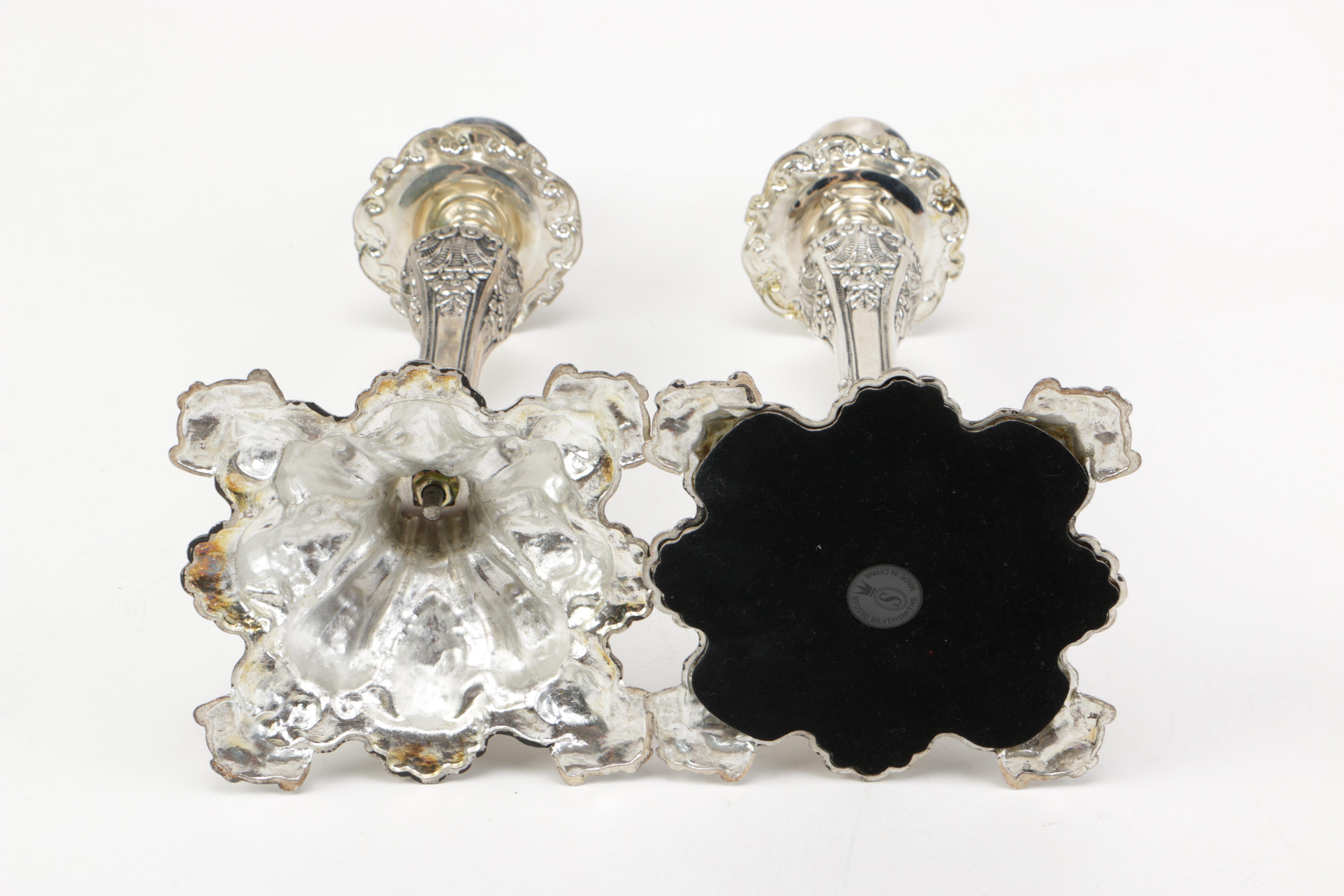 Studio Silversmiths Ornate Rococo Style Silver Plate Candlesticks