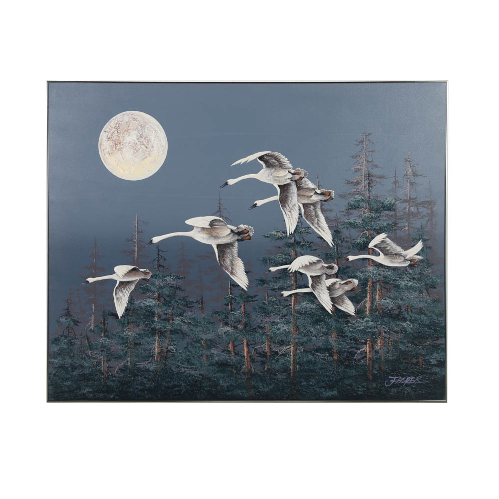 Jasper Oil Painting on Canvas of Swans in Flight Against a Night Sky