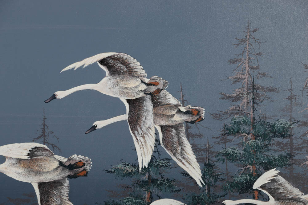 Jasper Oil Painting on Canvas of Swans in Flight Against a Night Sky