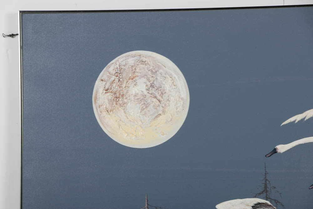 Jasper Oil Painting on Canvas of Swans in Flight Against a Night Sky