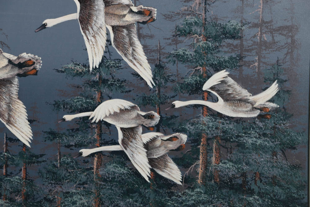 Jasper Oil Painting on Canvas of Swans in Flight Against a Night Sky