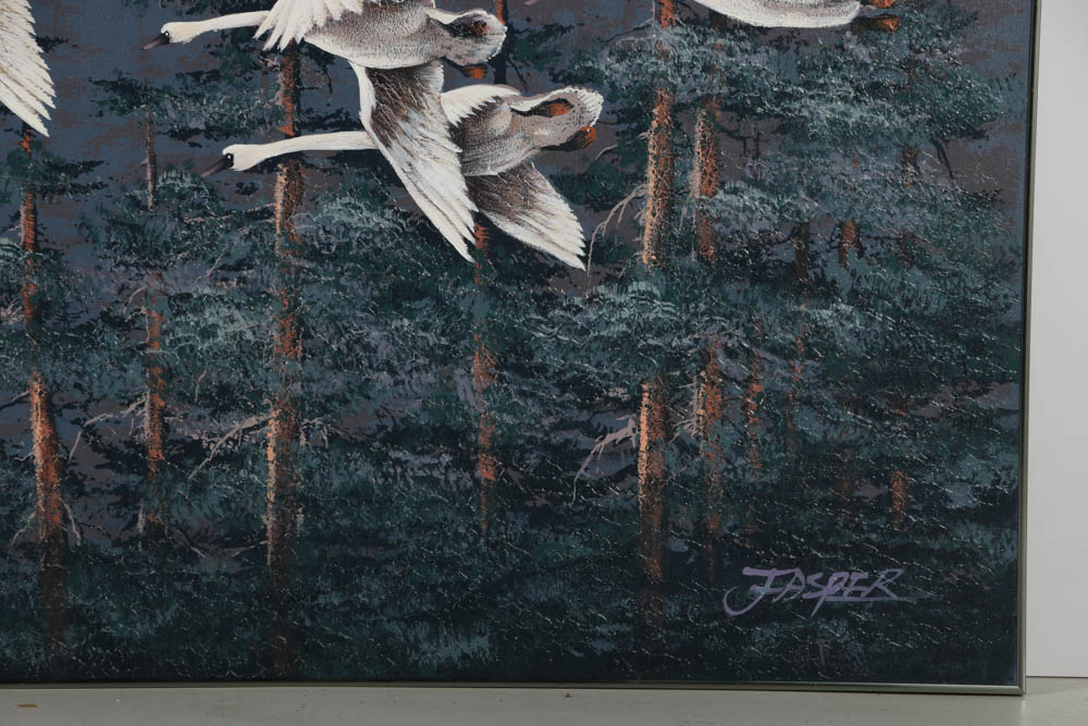 Jasper Oil Painting on Canvas of Swans in Flight Against a Night Sky