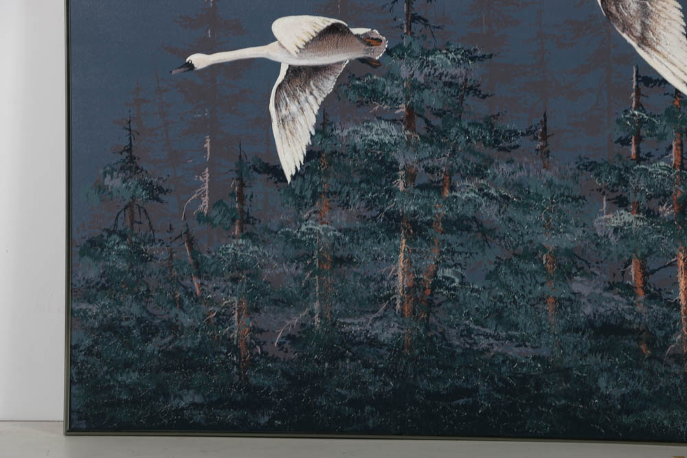 Jasper Oil Painting on Canvas of Swans in Flight Against a Night Sky