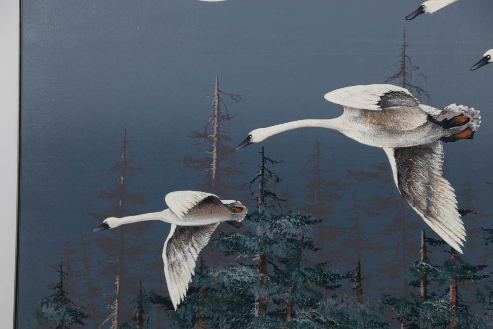 Jasper Oil Painting on Canvas of Swans in Flight Against a Night Sky