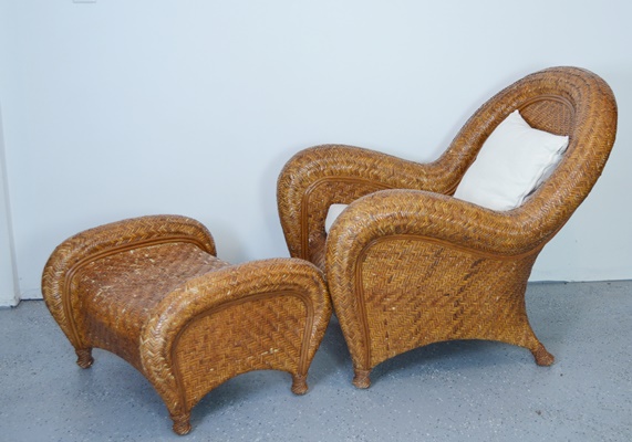 Pottery Barn Woven Rattan Chair and Ottoman