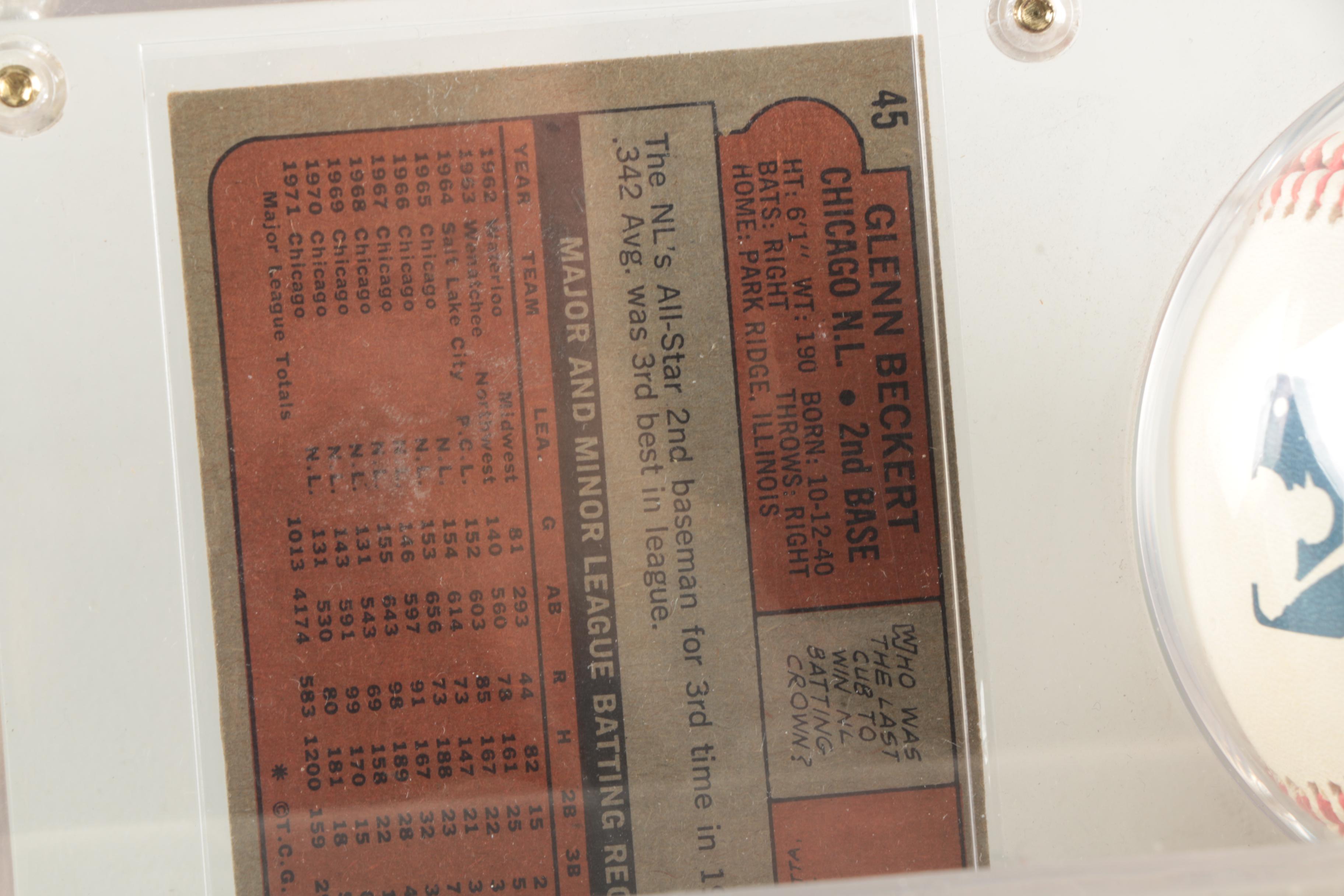 Signed Glenn Beckert Baseball with 1972 Topps Baseball Card