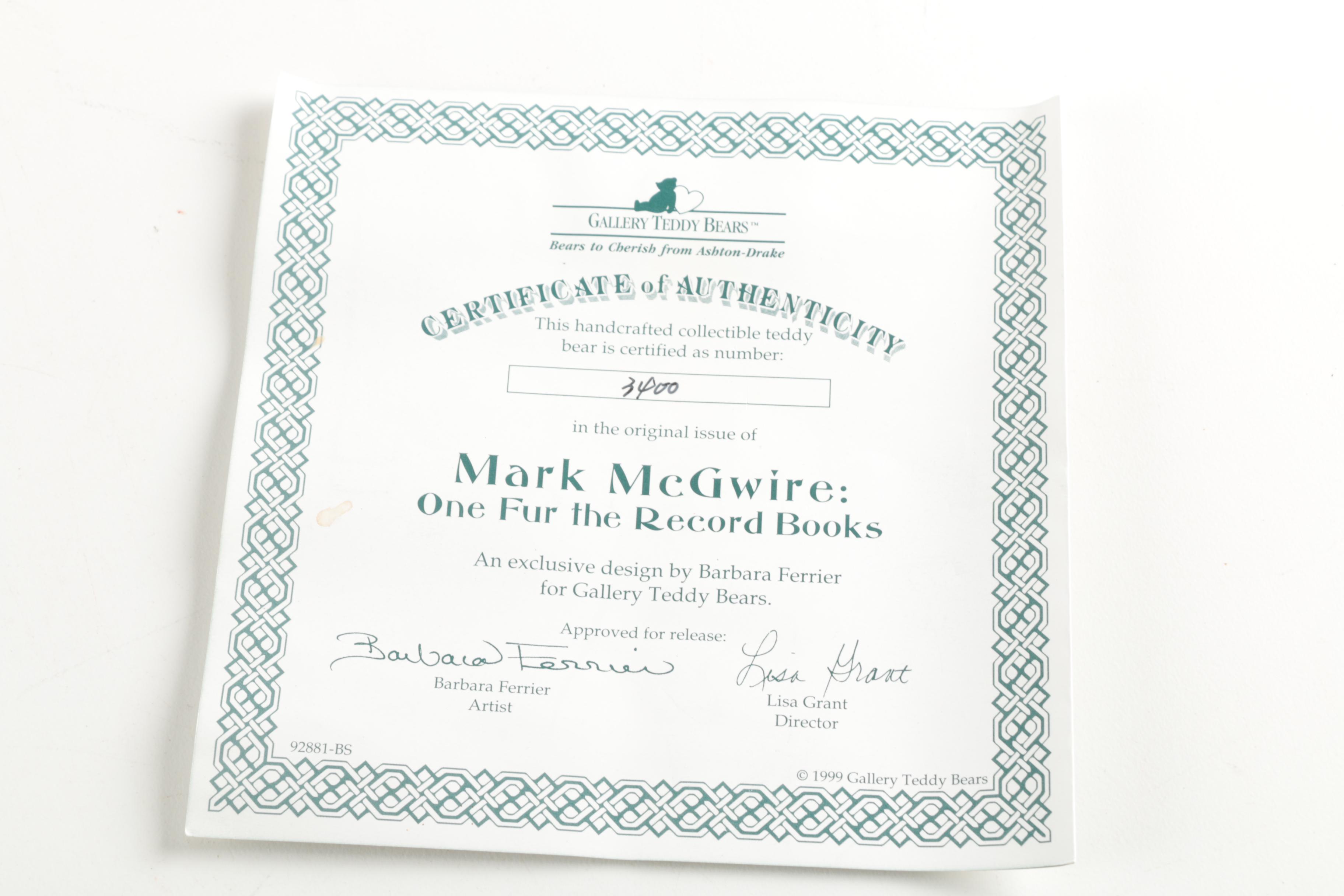 Gallery Teddy Bears "Mark McGwire: One Fur the Record Books" Commemorative Bear