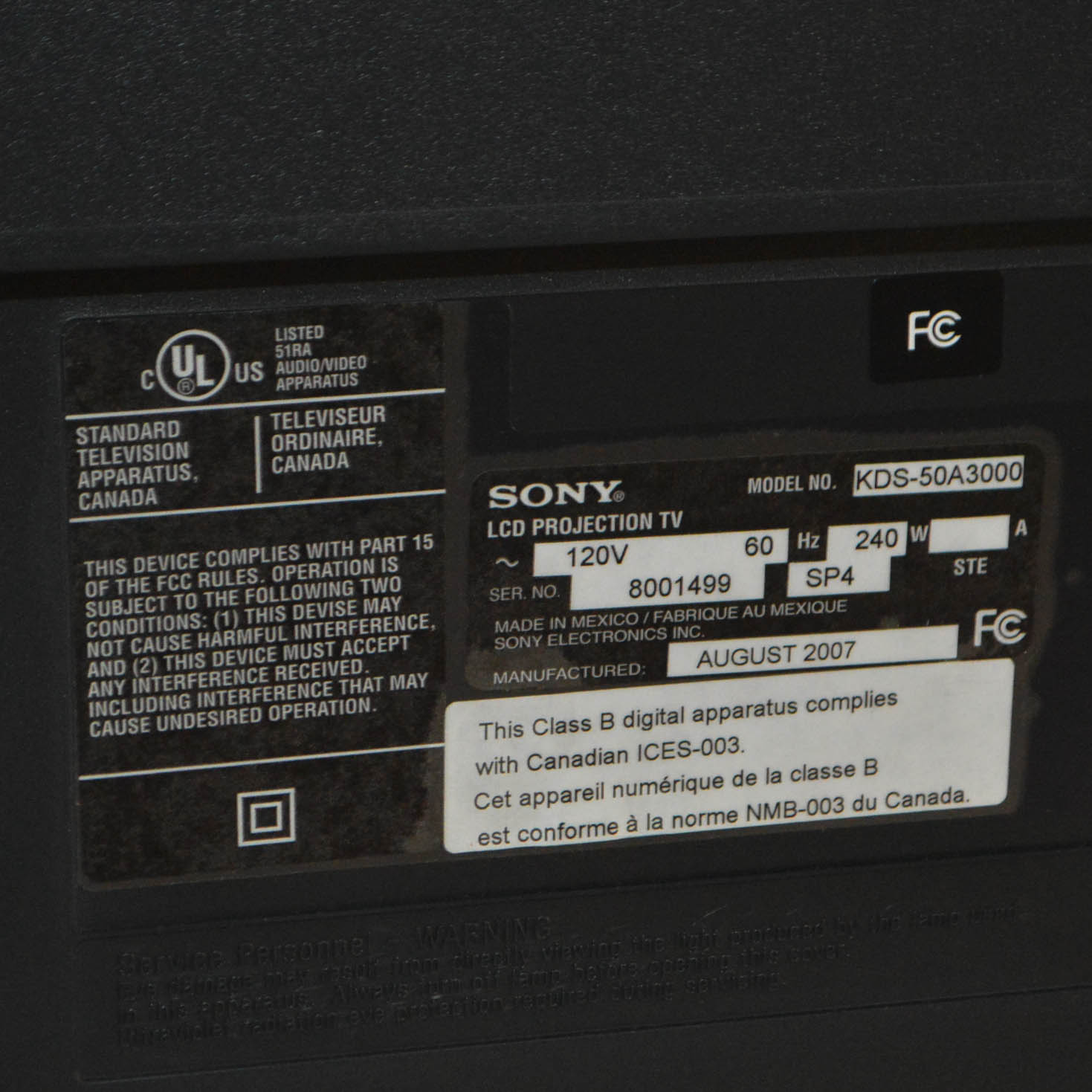 50" Sony Bravia Projection Television