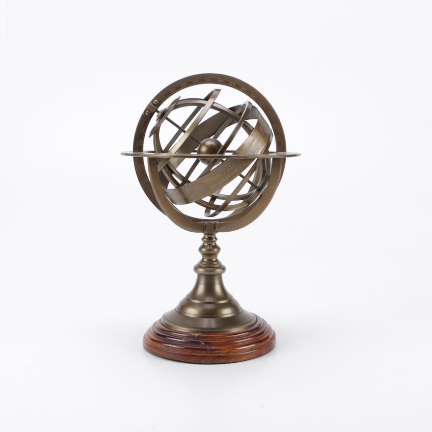 Brass Metal Globe on Wood Stand