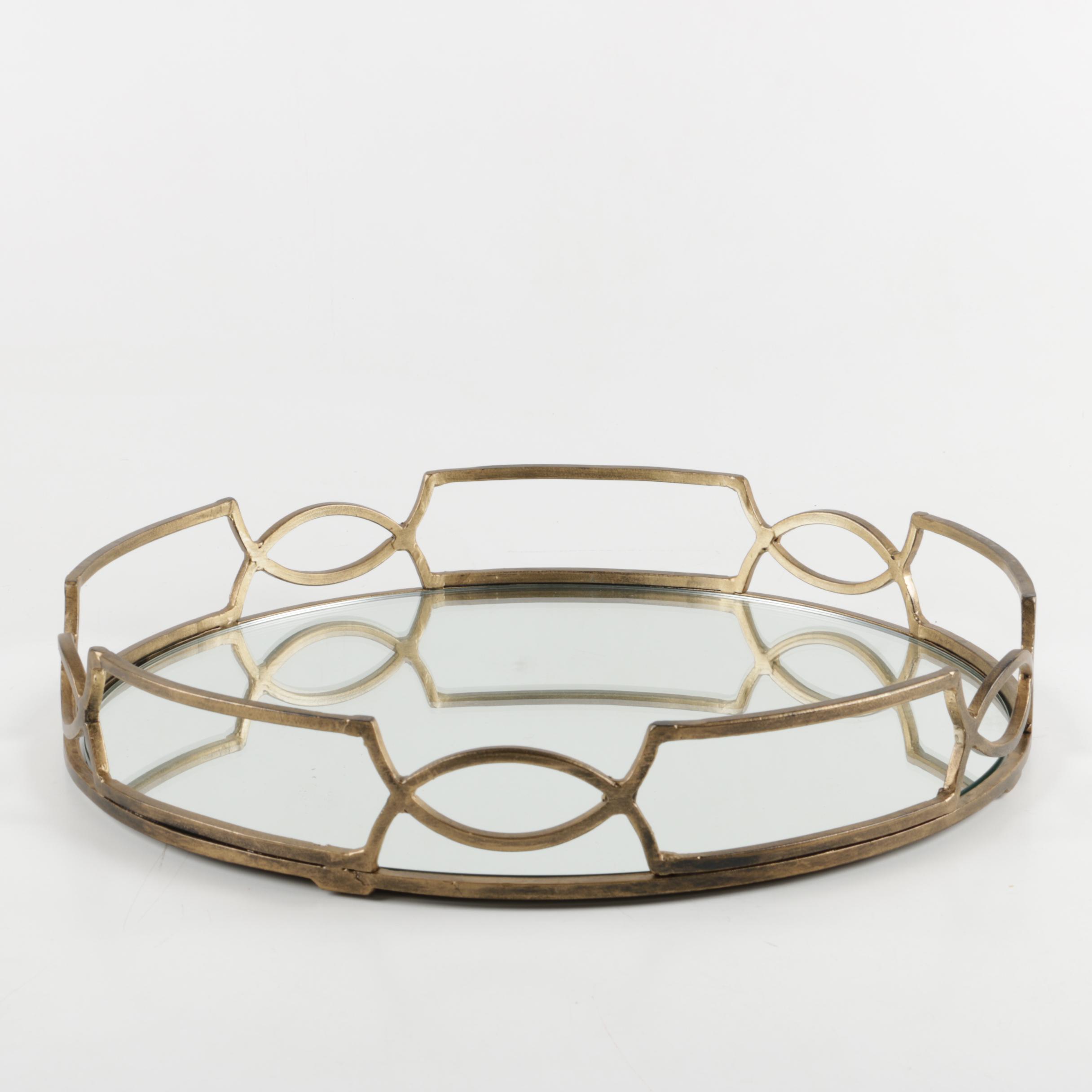 Mirrored Vanity Tray with Brass Tone Rim