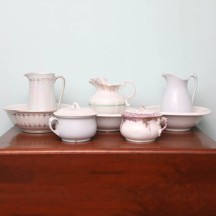 Antique English Pitchers, Basins and Chamberpots including Alfred Meakin
