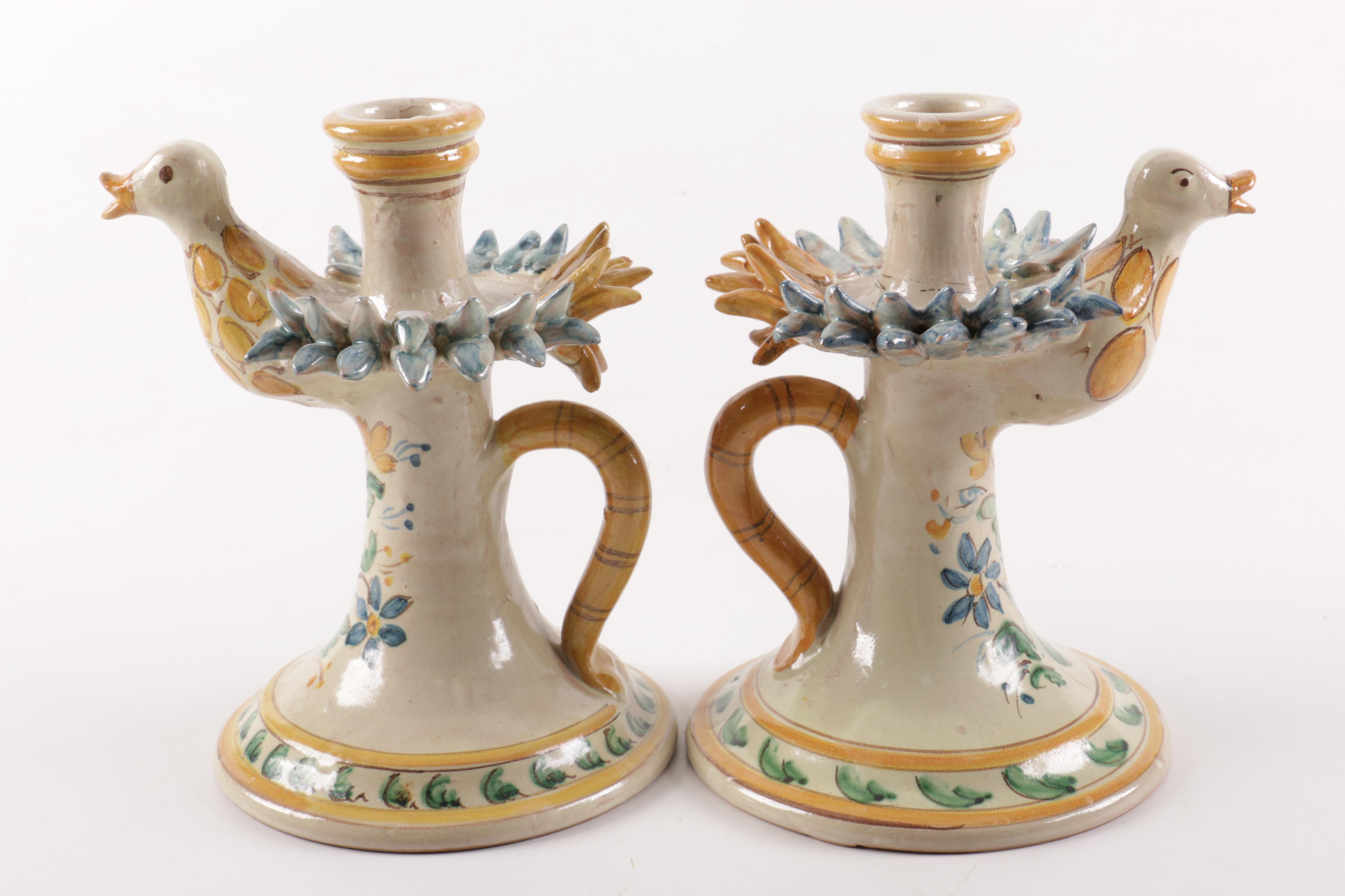 Giacomo Alessi Handmade Sicilian Ceramic Duck Motif Candlesticks