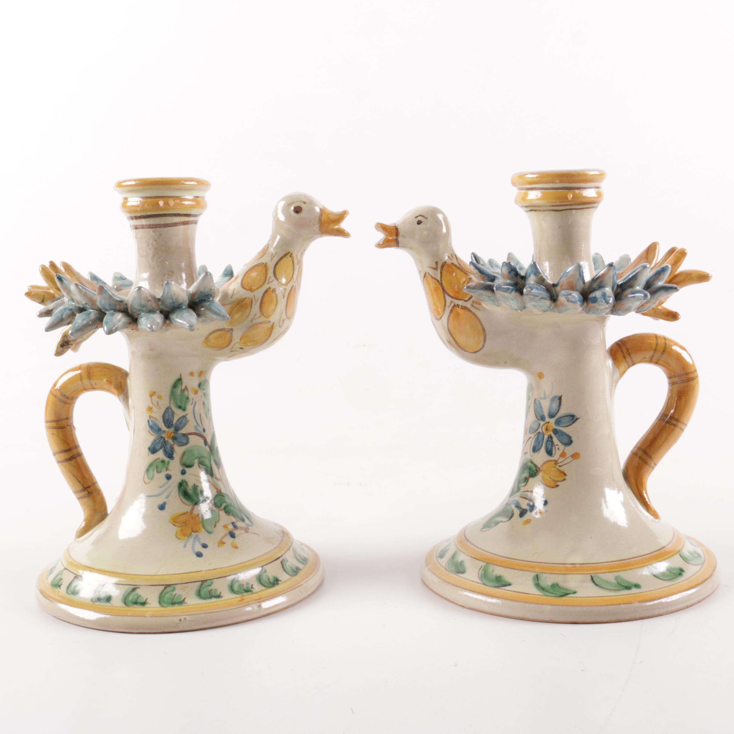 Giacomo Alessi Handmade Sicilian Ceramic Duck Motif Candlesticks