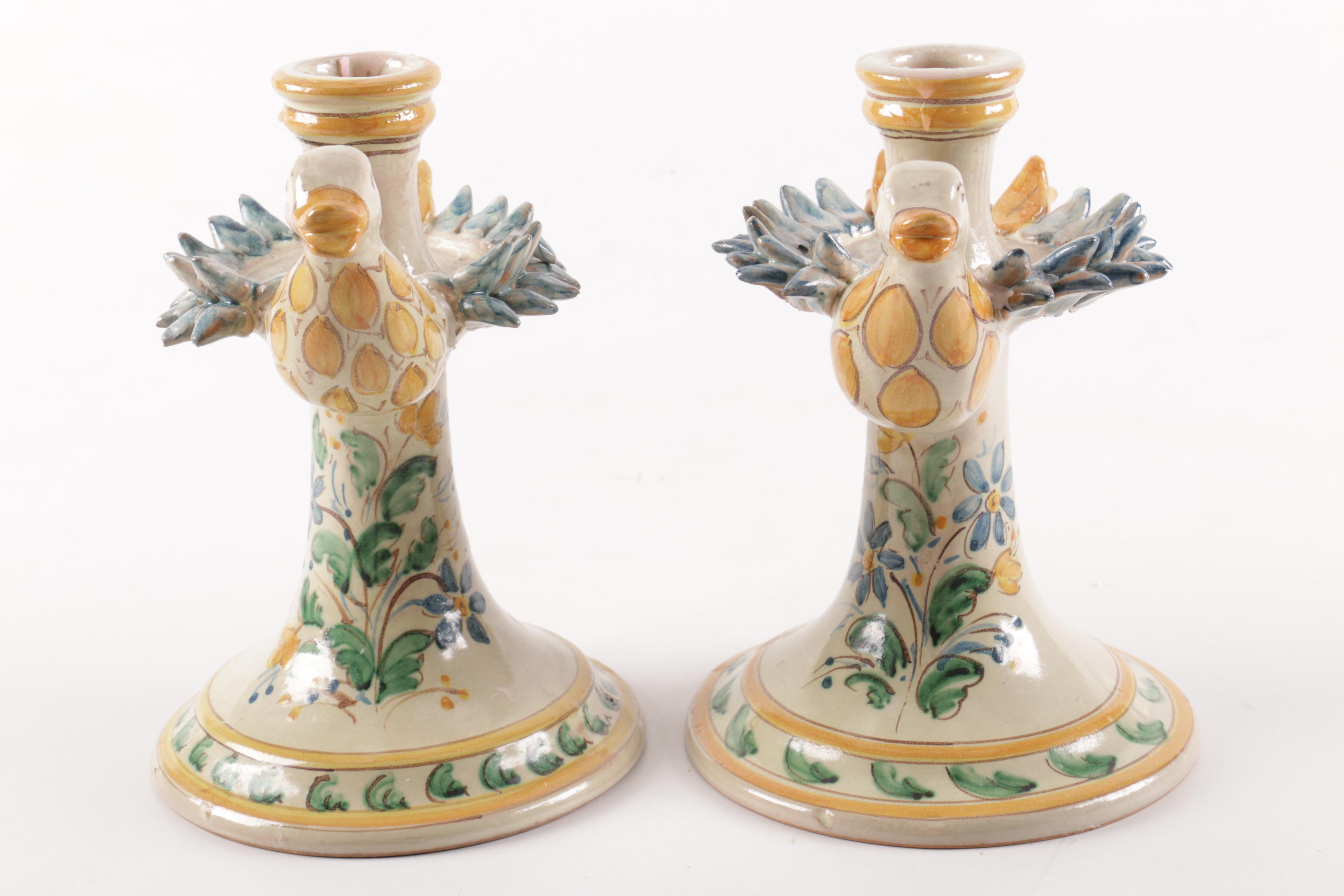 Giacomo Alessi Handmade Sicilian Ceramic Duck Motif Candlesticks