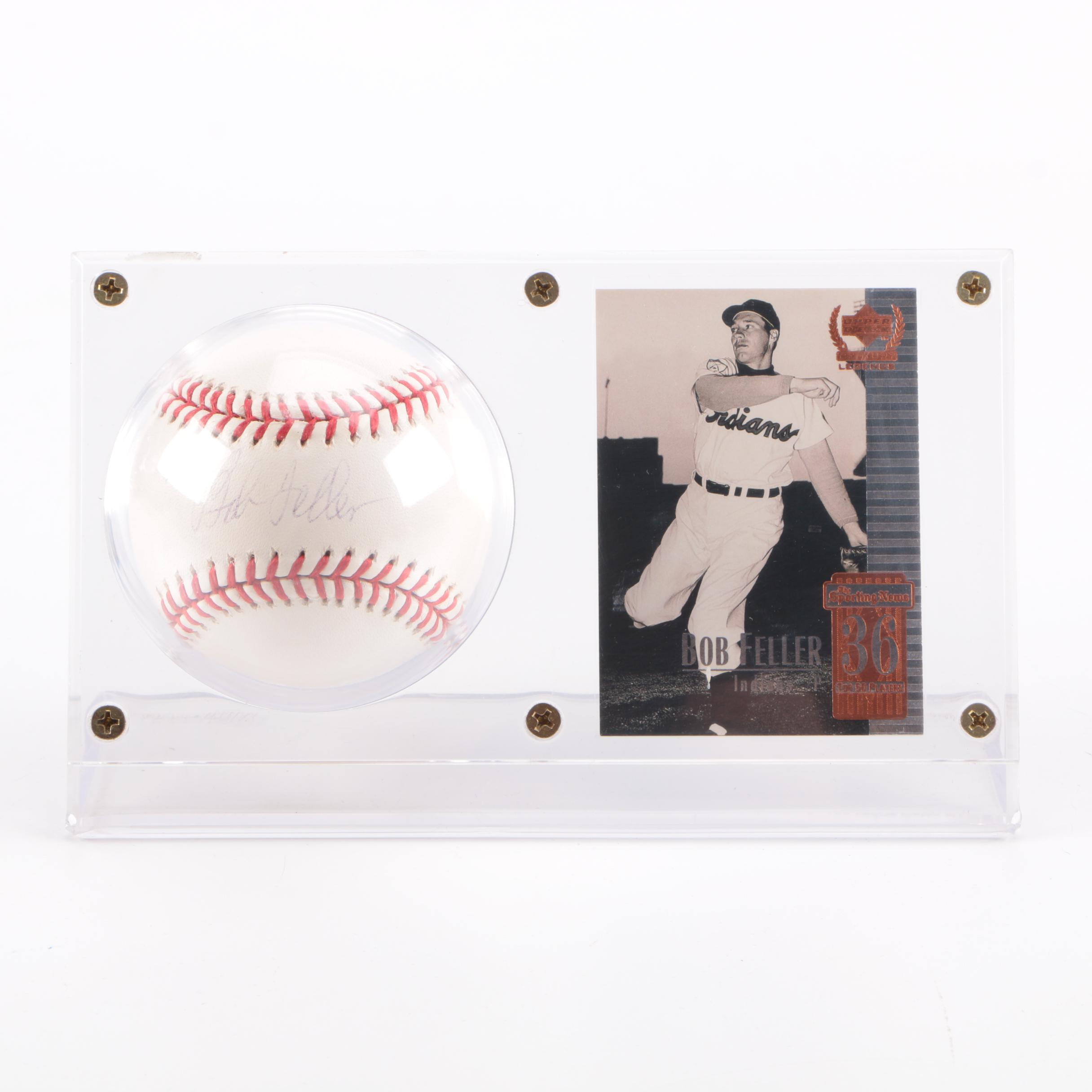 Bob Feller Signed Baseball and Upper Deck Collectible Card