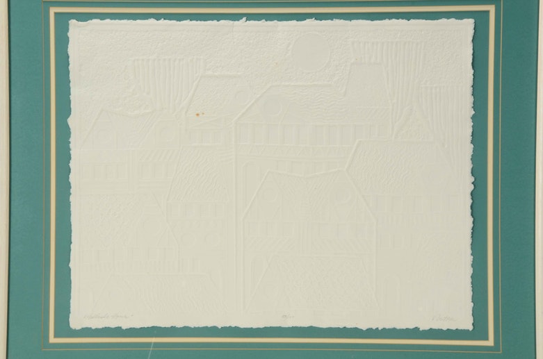 John Nartker Limited Edition Embossed Collagraph "Hillside Houses"