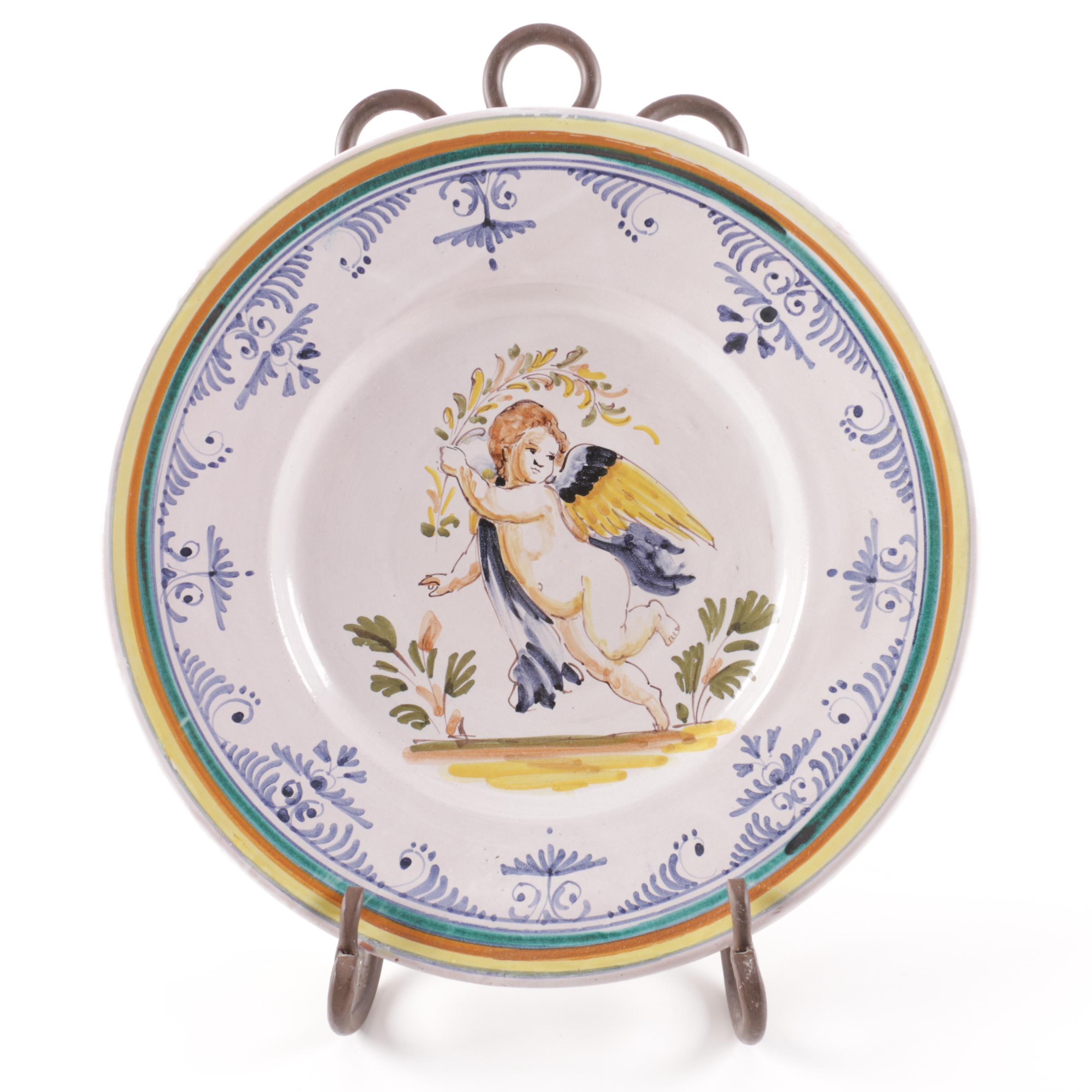 Hand-Painted Faience Plate with Stand
