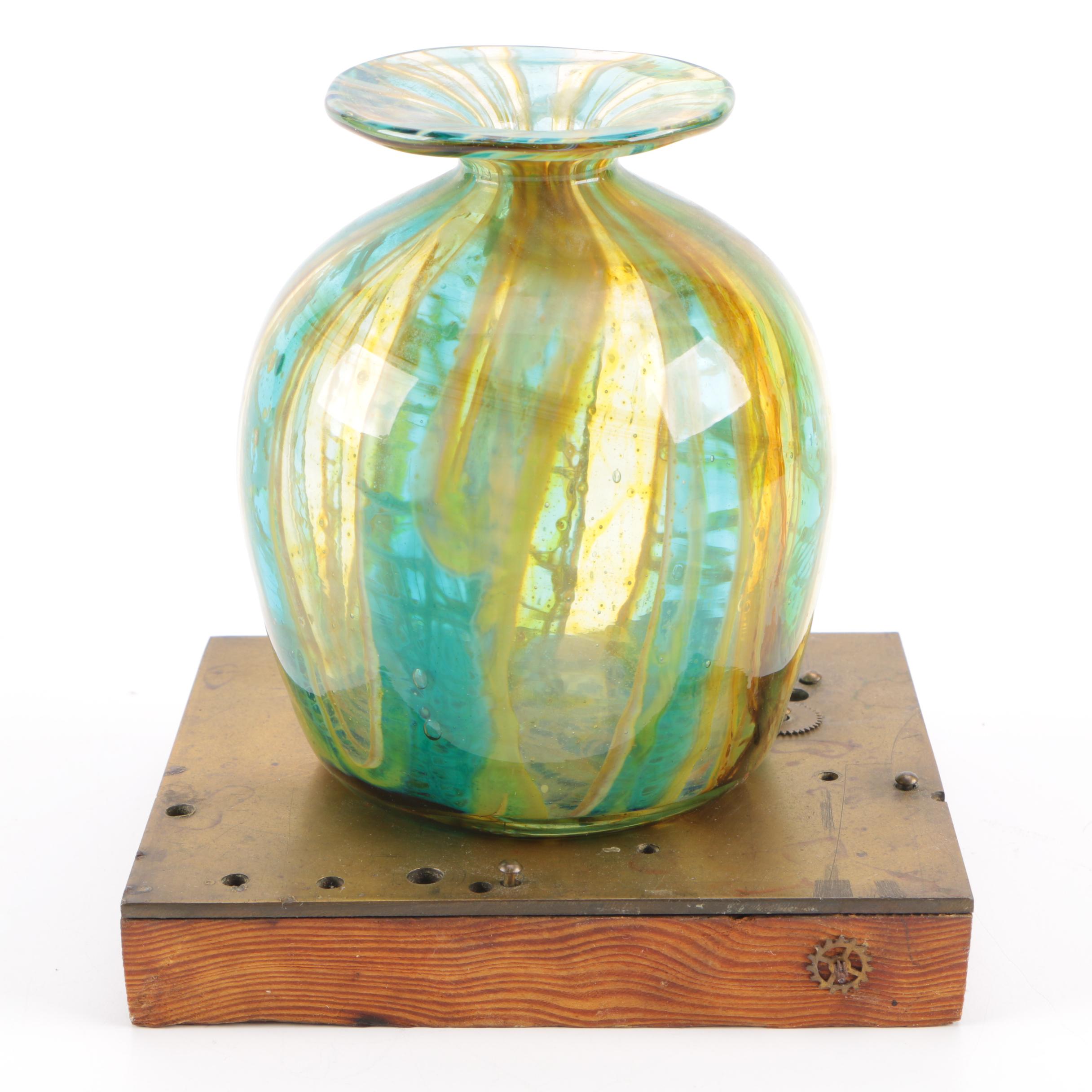 Blown Glass Vase on Wooden Stand