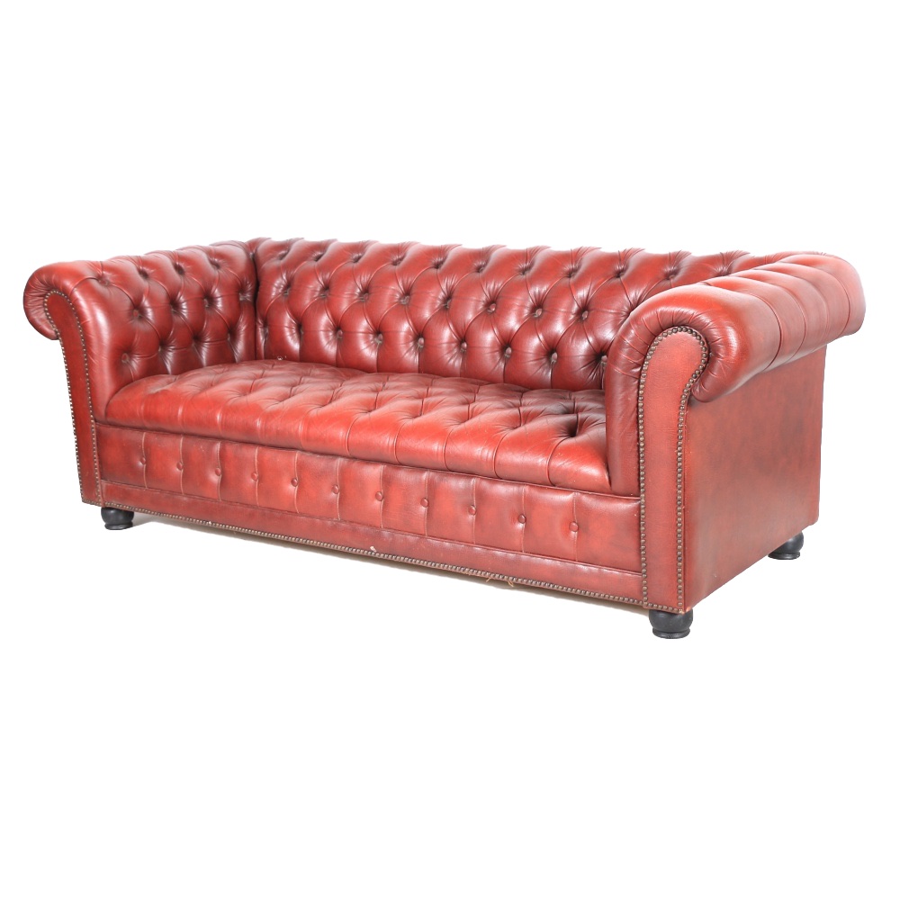 Vintage Burgundy Tufted Leather Chesterfield Sofa