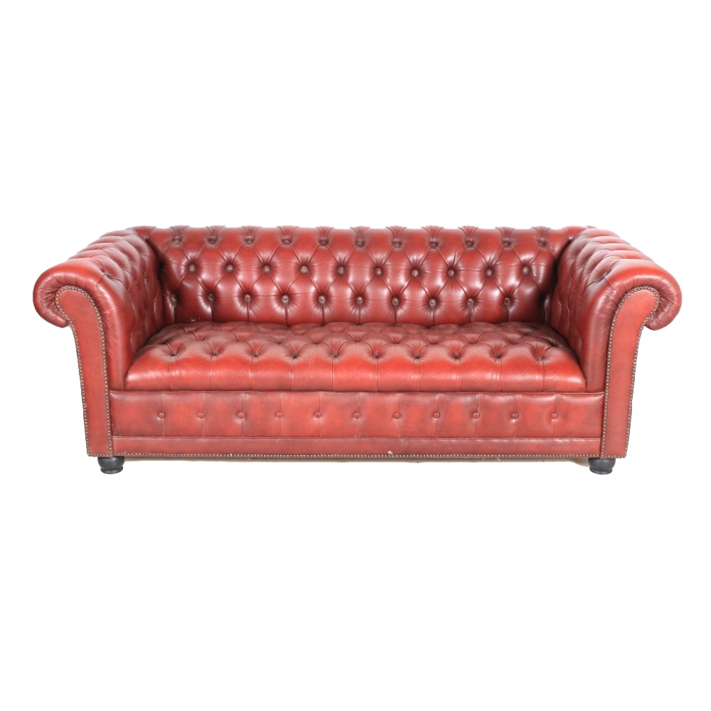 Vintage Burgundy Tufted Leather Chesterfield Sofa