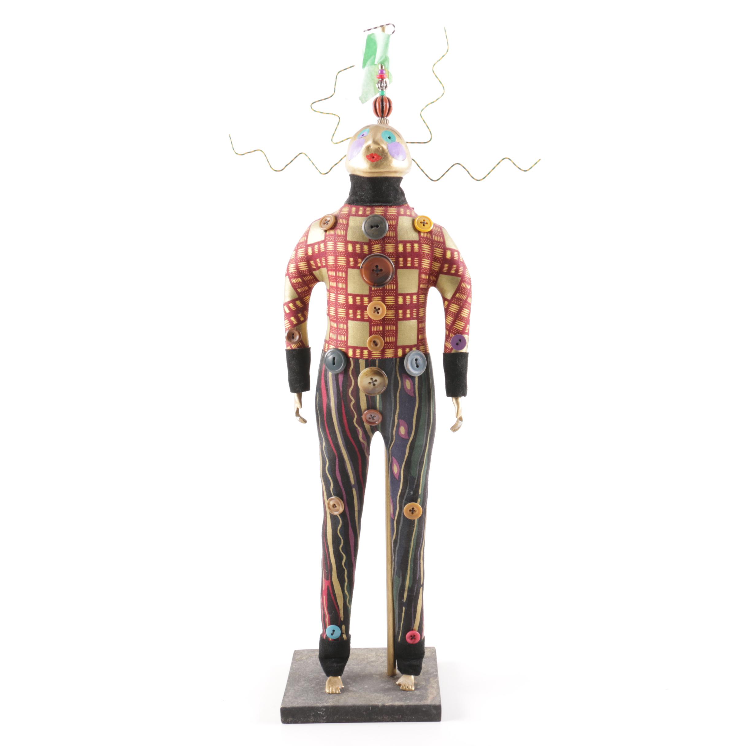 Mixed Media Folk Art Sculpture of Abstract Figure with Buttons and Wires