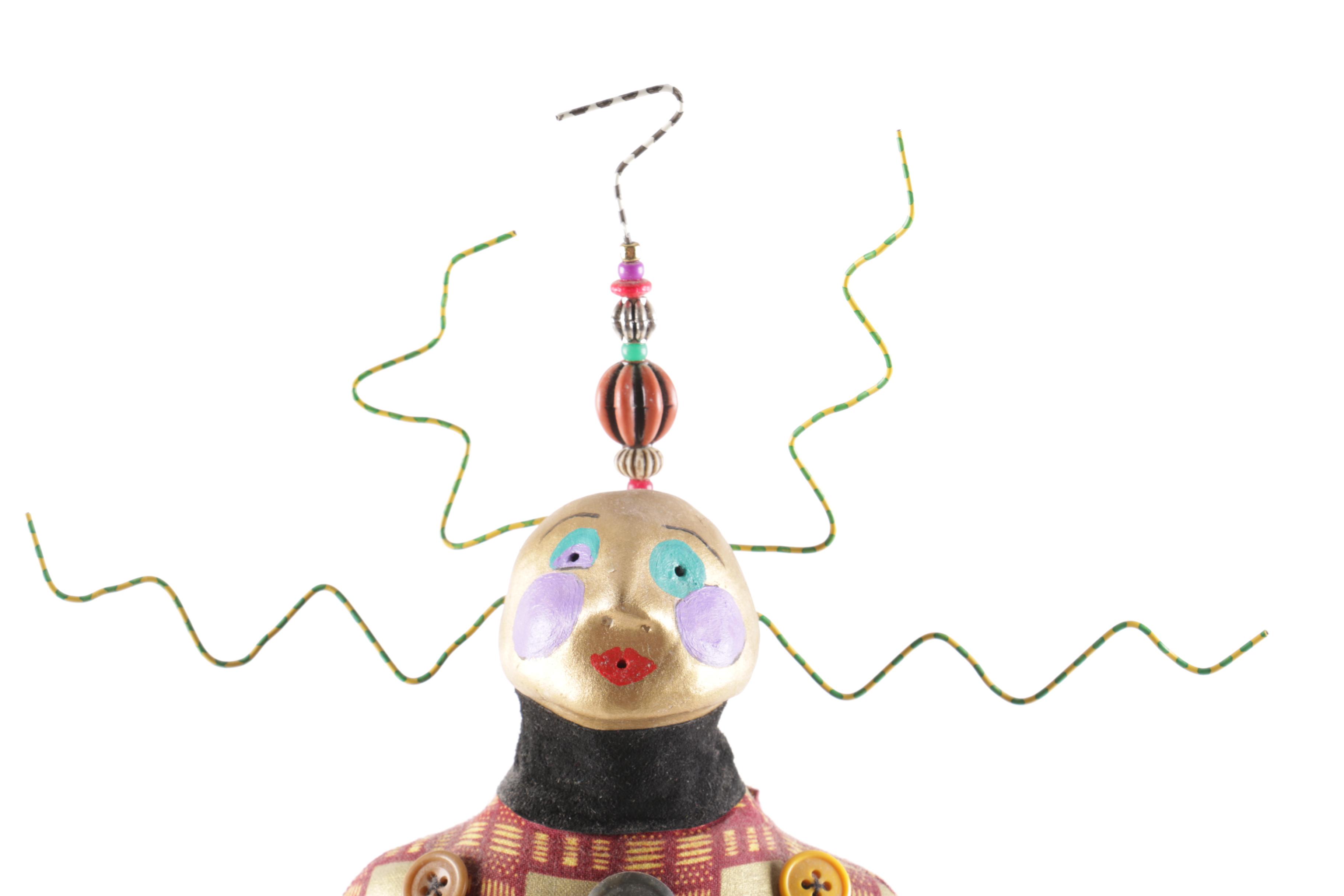 Mixed Media Folk Art Sculpture of Abstract Figure with Buttons and Wires