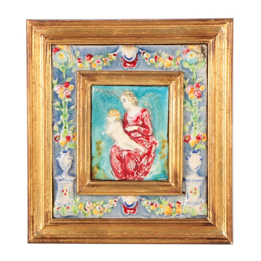 Hand-Painted Framed Italian Ceramic Tile of a Woman and Child