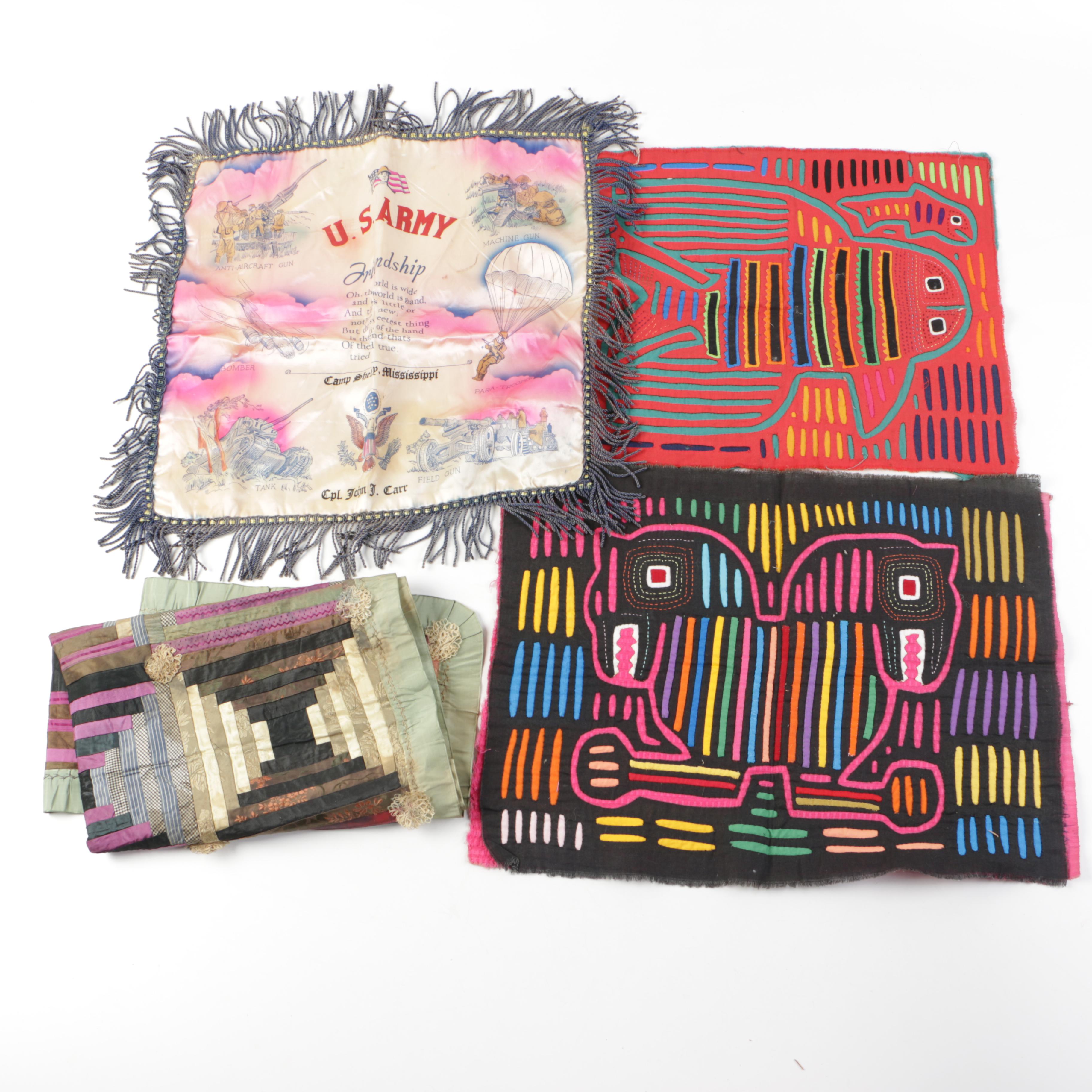 Vintage Textiles Including "Log Cabin" Lap Quilt Piece