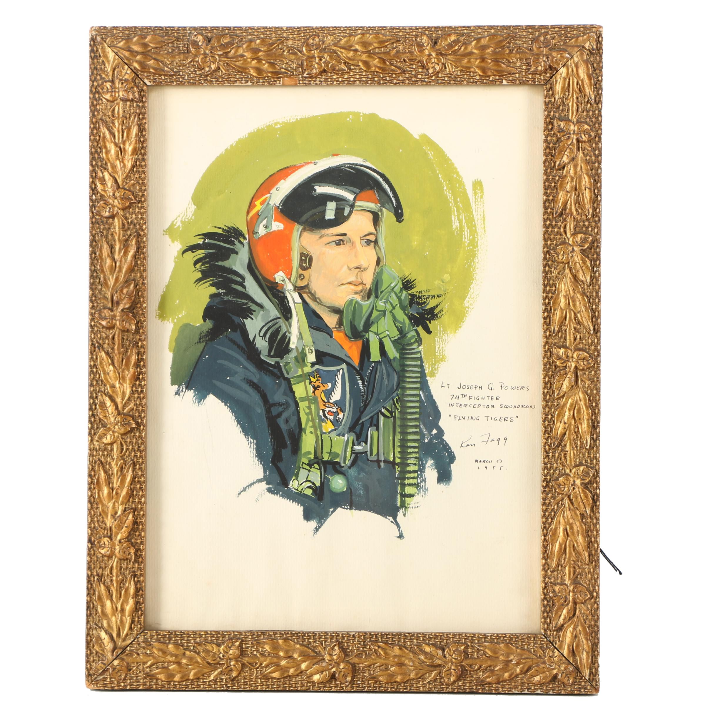 Ken Fagg Gouache Portrait of a U.S. Air Force Pilot with Reference Photos