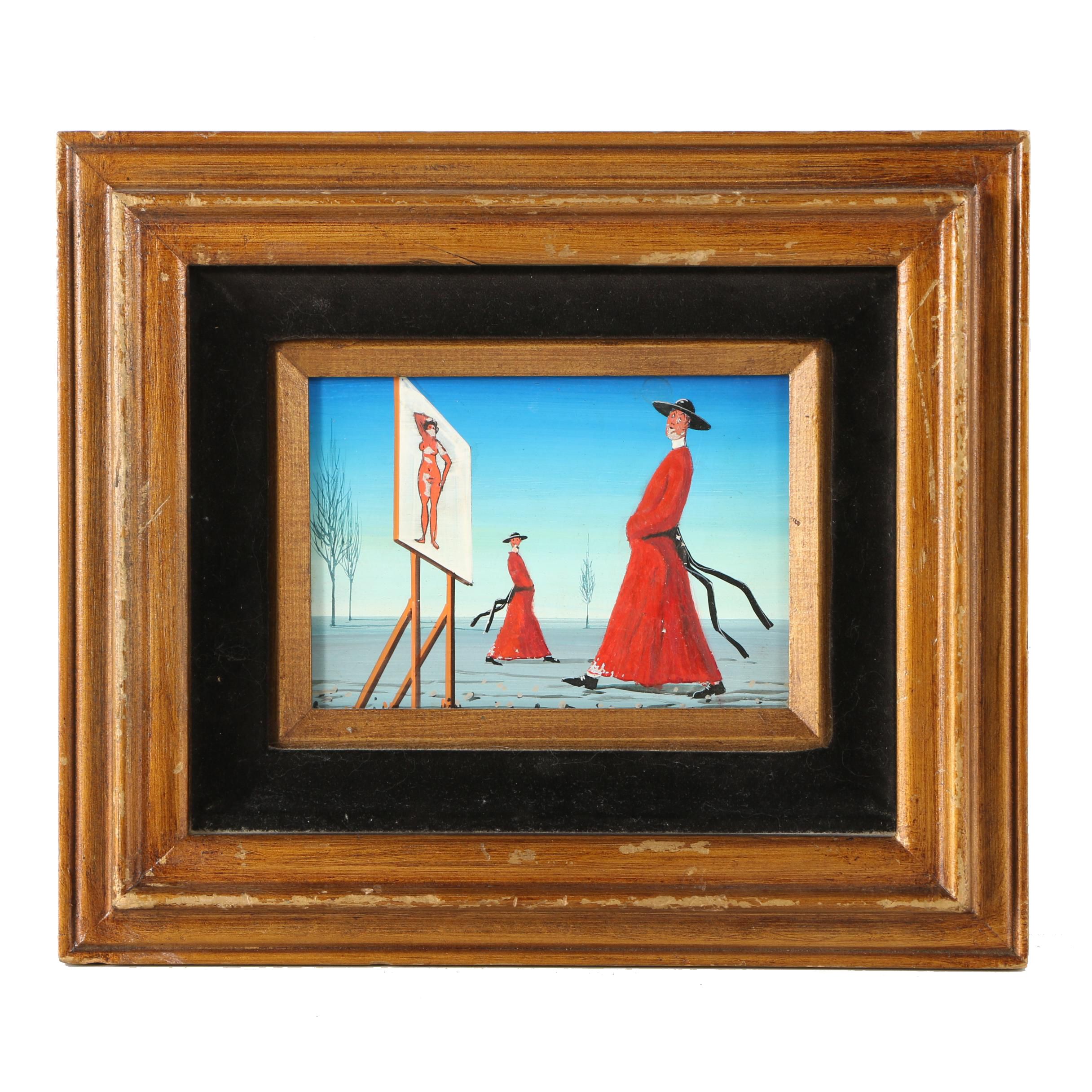Oil and Gouache Painting of Priests and Billboard