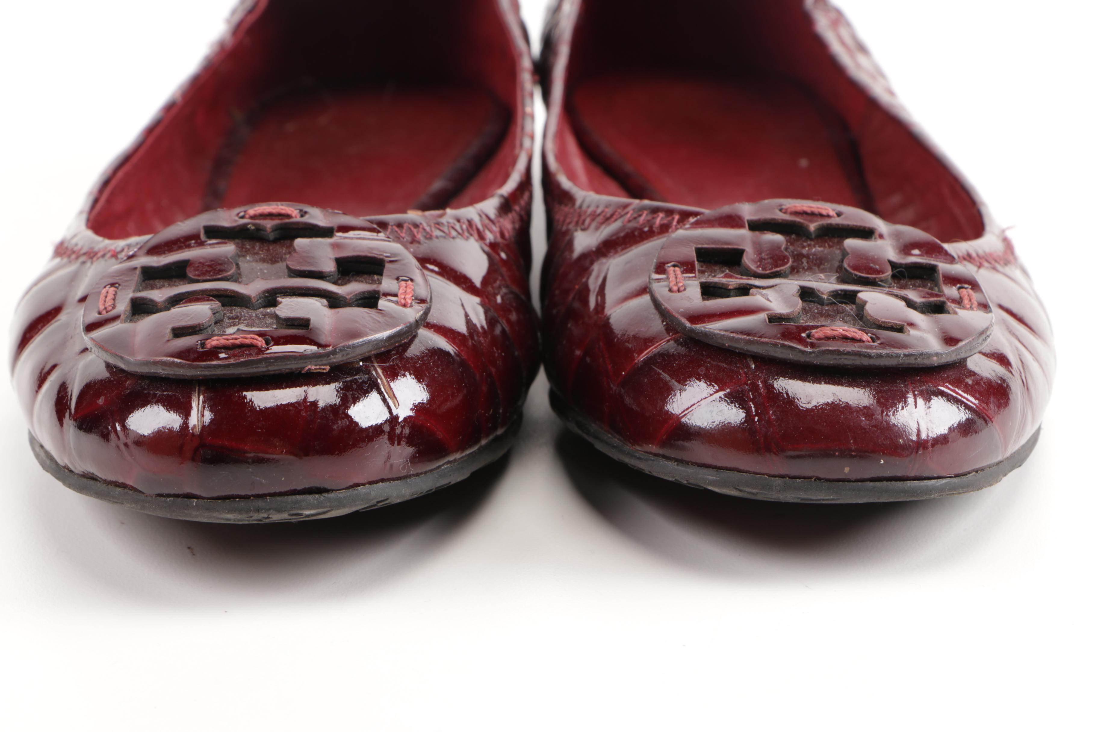 Tory Burch Red Embossed Leather Flats